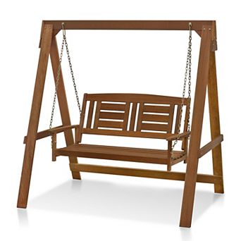 Furinno 2-Seater Outdoor Porch Swing with Chains, Meranti Hardwood, Teak-Oil Finished