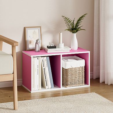 Furinno 9" x 12" x 21" Storage Shelf 2 Tier Cube Bookcase, White & Pink