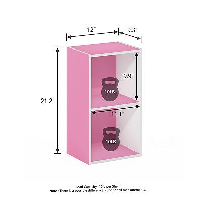 Furinno 9" x 12" x 21" Storage Shelf 2 Tier Cube Bookcase, White & Pink