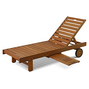 Furinno Patio Outdoor Sun Lounger with Pull-Out Tray, Solid Meranti Hardwood with Teak-Oil Finish
