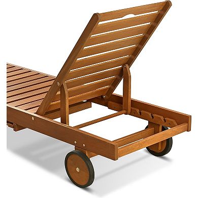 Furinno Patio Outdoor Sun Lounger with Pull-Out Tray, Solid Meranti Hardwood with Teak-Oil Finish