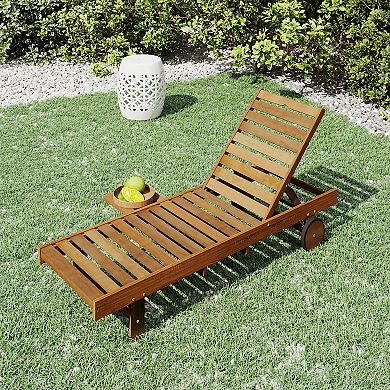 Furinno Patio Outdoor Sun Lounger with Pull-Out Tray, Solid Meranti Hardwood with Teak-Oil Finish