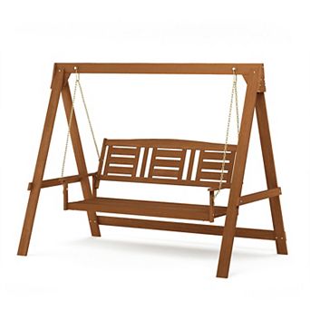 Furinno 3-Seater Outdoor Porch Swing with Chains, Meranti Hardwood Hanging Bench, Teak-Oil Finish