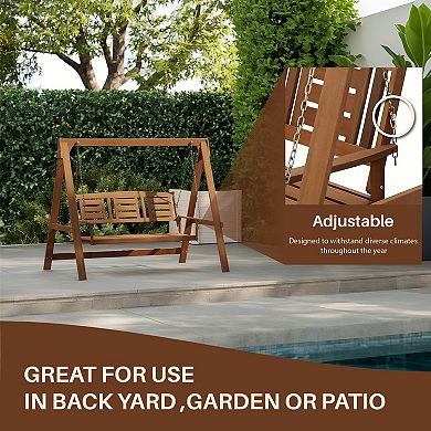 Furinno 3-Seater Outdoor Porch Swing with Chains, Meranti Hardwood Hanging Bench, Teak-Oil Finish