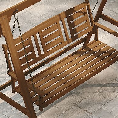 Furinno 3-Seater Outdoor Porch Swing with Chains, Meranti Hardwood Hanging Bench, Teak-Oil Finish