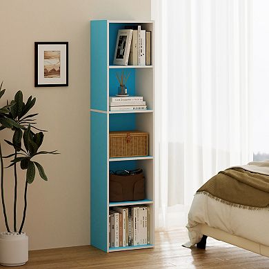 Furinno 9" x 12" x 52" Storage Shelf 5 Tier Cube Bookcase, White & Blue