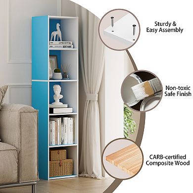 Furinno 9" x 12" x 52" Storage Shelf 5 Tier Cube Bookcase, White & Blue