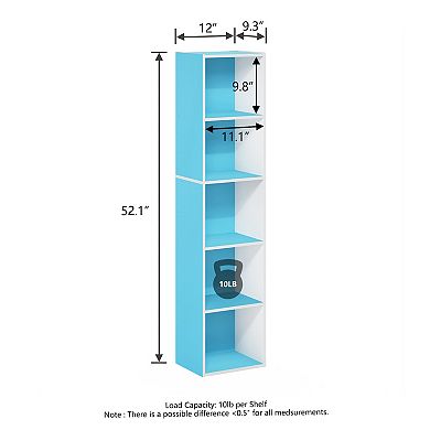 Furinno 9" x 12" x 52" Storage Shelf 5 Tier Cube Bookcase, White & Blue