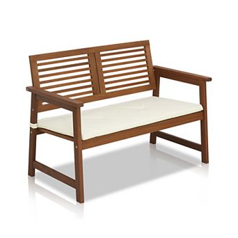 Furinno Patio Outdoor Bench with Cushion Treated with Teak Oil, Dark Red Meranti Wood