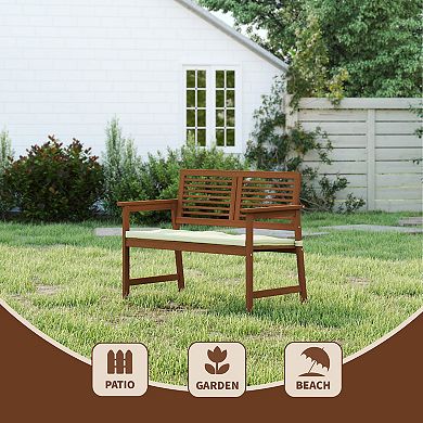 Furinno Patio Outdoor Bench with Cushion Treated with Teak Oil, Dark Red Meranti Wood