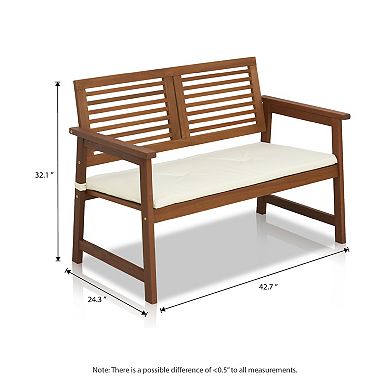 Furinno Patio Outdoor Bench with Cushion Treated with Teak Oil, Dark Red Meranti Wood
