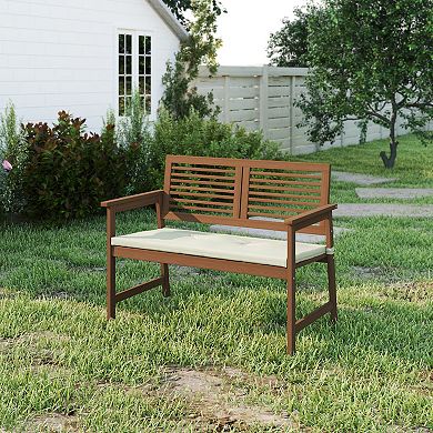 Furinno Patio Outdoor Bench with Cushion Treated with Teak Oil, Dark Red Meranti Wood