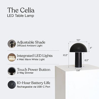 Celia 10" Mushroom Portable LED Black Table Lamp, 3-Way Dimming and Rechargeable