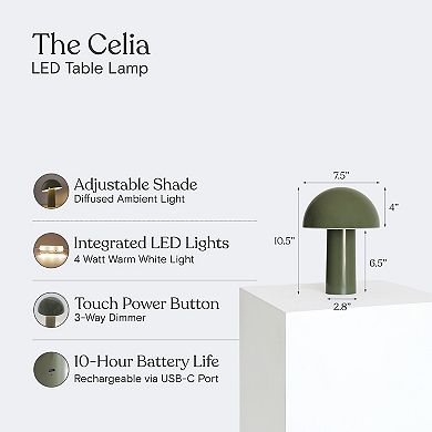 Celia 10" Mushroom Portable LED Olive Green Table Lamp, 3-Way Dimming and Rechargeable