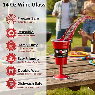 Reusable Red Plastic Wine Glass with Stem, 14oz Durable Drinking Glass for Parties
