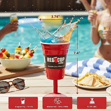 Reusable Red Plastic Wine Glass with Stem, 14oz Durable Drinking Glass for Parties