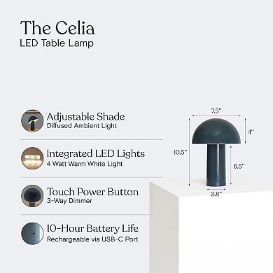 Celia 10" Mushroom Portable LED Teal Table Lamp, 3-Way Dimming and Rechargeable