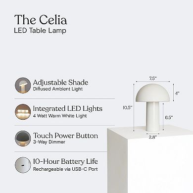 Celia 10" Mushroom Portable LED Cream Table Lamp, 3-Way Dimming and Rechargeable