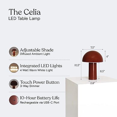 Celia 10" Mushroom Portable LED Red Table Lamp, 3-Way Dimming and Rechargeable