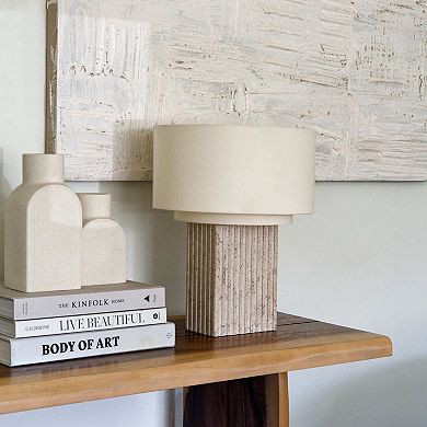 Atticus 15" Natural Limestone LED Table Lamp With Cream Cotton Shade