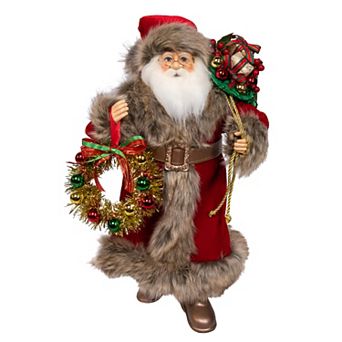 Kurt Adler 17-Inch Santa Figurine with Wreath & Bag Table Decor
