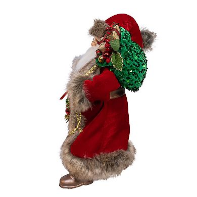 Kurt Adler 17-Inch Santa Figurine with Wreath & Bag Table Decor