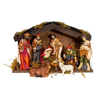 Kurt Adler 9 pc Porcelain Nativity Figures with Wooden Stable Table Decor Set