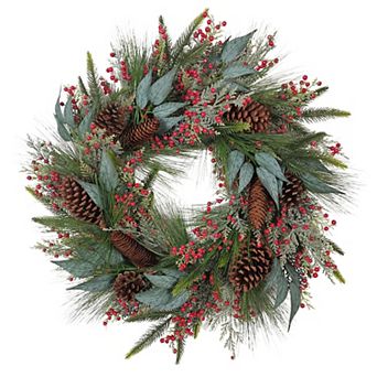 Kurt Adler Decorated Unlit Rattan Wreath with Pinecones