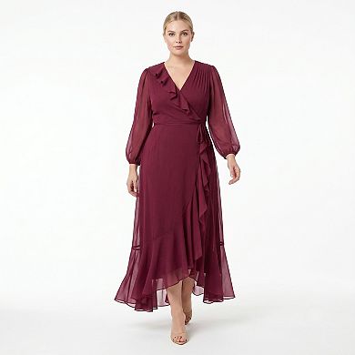 Plus Size Maison Tara Asymmetrical Ruffle Faux Wrap Maxi Dress