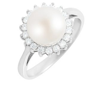 Splendid Pearls Sterling Silver Freshwater Cultured Pearl & Cubic Zirconia Ring