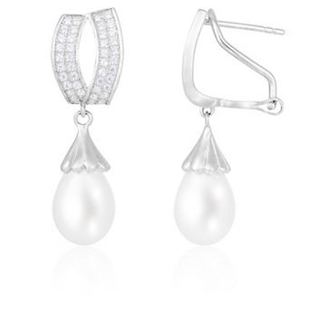 Splendid Pearls Sterling Silver Freshwater Cultured Pearl & Cubic Zirconia Dangling Earrings