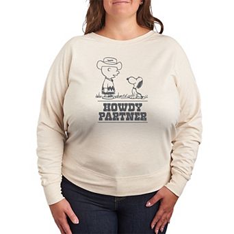 Plus Size Peanuts Charlie & Snoopy Howdy Partner French Terry Long Sleeve Tee