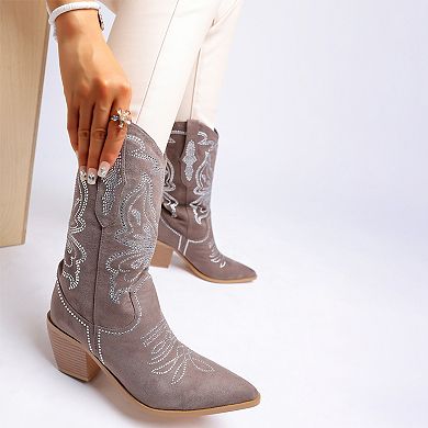 Rag & Co Latafa Women's Rhinestones Pointed Toe Cowboy Boots