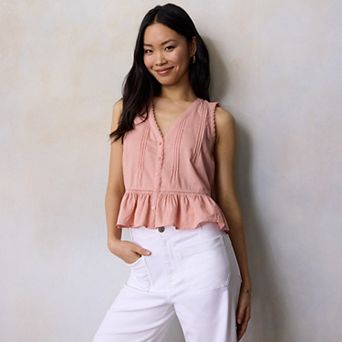 Petite LC Lauren Conrad Pintuck Lace Trim V-Neck Tank Top