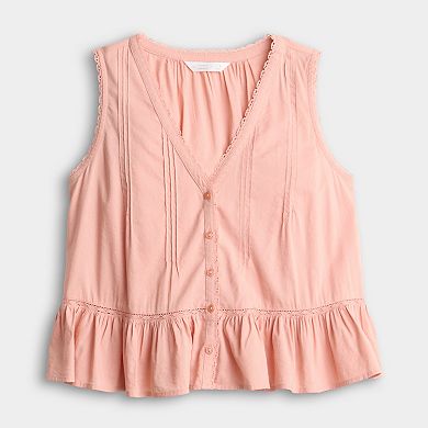 Petite LC Lauren Conrad Pintuck Lace Trim V-Neck Tank Top