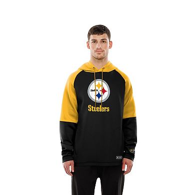 Men's New Era Black Pittsburgh Steelers Combine Authentic Color Block Raglan Pullover Hoodie