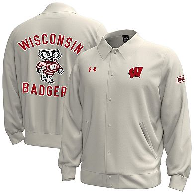 Men's Under Armour Stone Wisconsin Badgers Gameday Icon Full-Snap Fleece Jacket