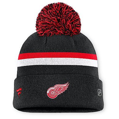 Women's Fanatics Black Detroit Red Wings Authentic Pro Rink Cuffed Knit Hat with Pom