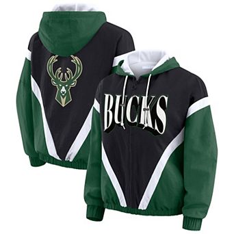 Women's WEAR by Erin Andrews Black/Hunter Green Milwaukee Bucks Colorblock Full-Zip Hoodie Windbreaker Jacket