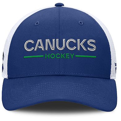 Men's Fanatics Blue/White Vancouver Canucks Authentic Pro Rink Lockup Adjustable Trucker Hat