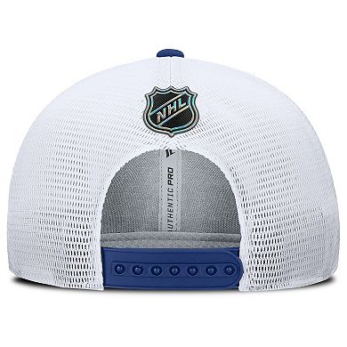 Men's Fanatics Blue/White Vancouver Canucks Authentic Pro Rink Lockup Adjustable Trucker Hat