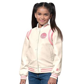 Girls Starter Cream/Pink Golden State Warriors Underdog Leather Varsity Jacket