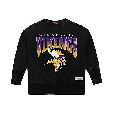 Women's Mitchell & Ness Black Minnesota Vikings Delineate Mineral Wash Crewneck Sweatshirt