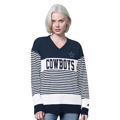 Women's Starter Navy Dallas Cowboys No Huddle Striped V-Neck Sweater