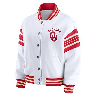 Women's WEAR by Erin Andrews White/Crimson Oklahoma Sooners Satin Stitch Full-Snap Fleece Sweatshirt Jacket