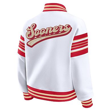 Women's WEAR by Erin Andrews White/Crimson Oklahoma Sooners Satin Stitch Full-Snap Fleece Sweatshirt Jacket