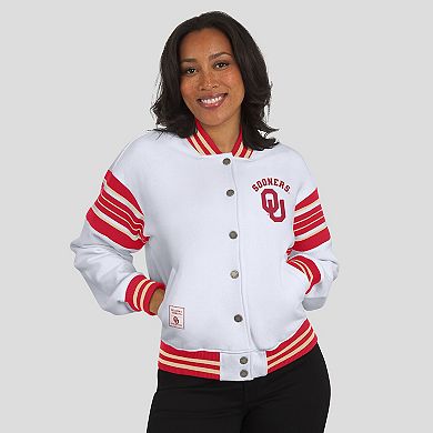Women's WEAR by Erin Andrews White/Crimson Oklahoma Sooners Satin Stitch Full-Snap Fleece Sweatshirt Jacket