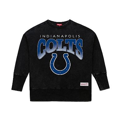 Women's Mitchell & Ness Black Indianapolis Colts Delineate Mineral Wash Crewneck Sweatshirt