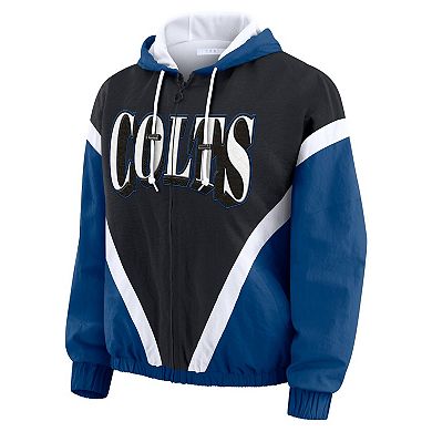 Women's WEAR by Erin Andrews Black/Royal Indianapolis Colts Plus Size Retro Crinkle Full-Zip Hoodie Windbreaker Jacket