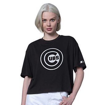 Women's Starter Black Chicago Cubs Holy Grail Boxy Cropped T-Shirt